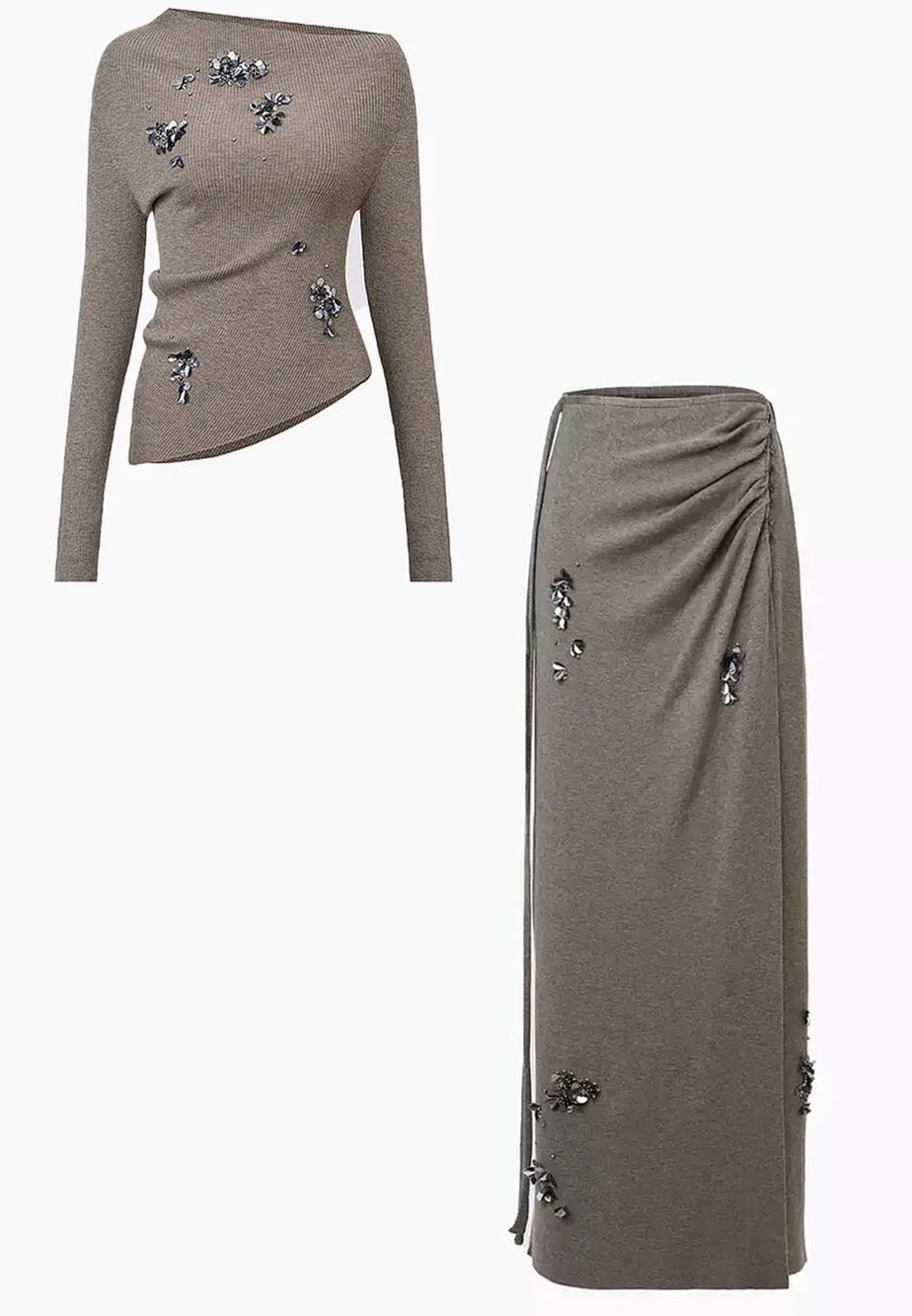 Commense Wool-Blend Khaki Sequins Knit Top & Skirt Set S/M